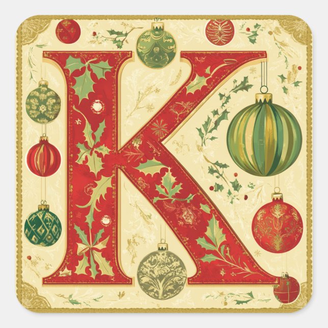 Gold-Accented Christmas Letter K with Greenery Square Sticker (Front)