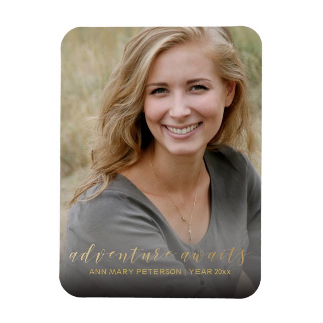 Gold Adventure awaits graduation photo magnet (Vertical)