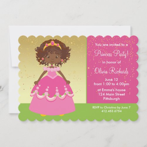 Gold African American Princess Girl Birthday Party Invitation