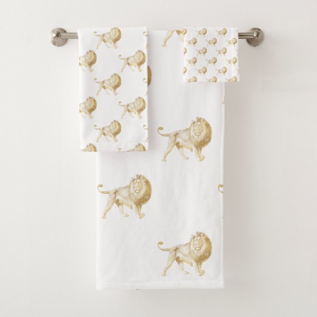 GOLD AFRICAN LION WHITE BATHROOM TOWEL SET (Insitu)