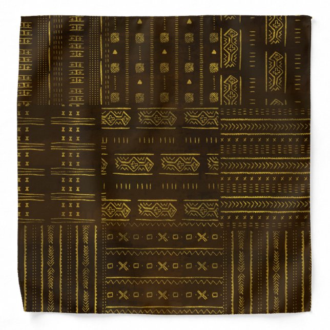 Gold African Tribal Pattern on rich brown texture Bandana (Front)