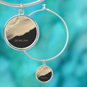 Gold Agate & Glitter, Gold Name on Black Bangle Bracelet
