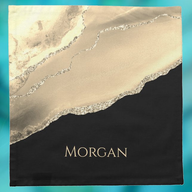 Gold Agate & Glitter, Gold Name on Black Cloth Napkin (Creator Uploaded)