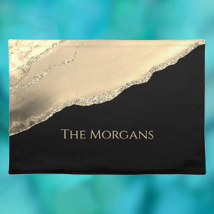 Gold Agate & Glitter, Gold Name on Black Cloth Placemat