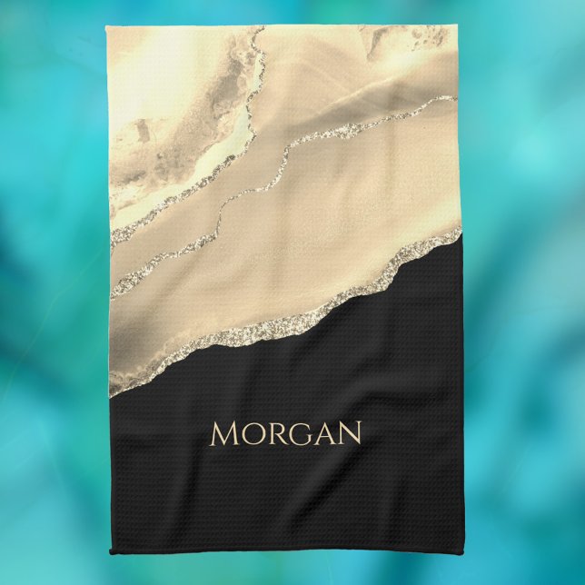 Gold Agate & Glitter, Gold Name on Black Kitchen Towel (Creator Uploaded)