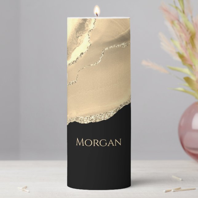 Gold Agate & Glitter, Gold Name on Black Pillar Candle (In Situ)