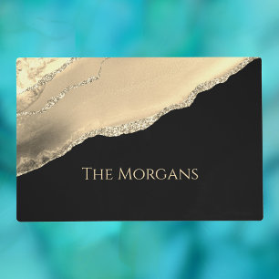 Gold Agate & Glitter, Gold Name on Black Placemat