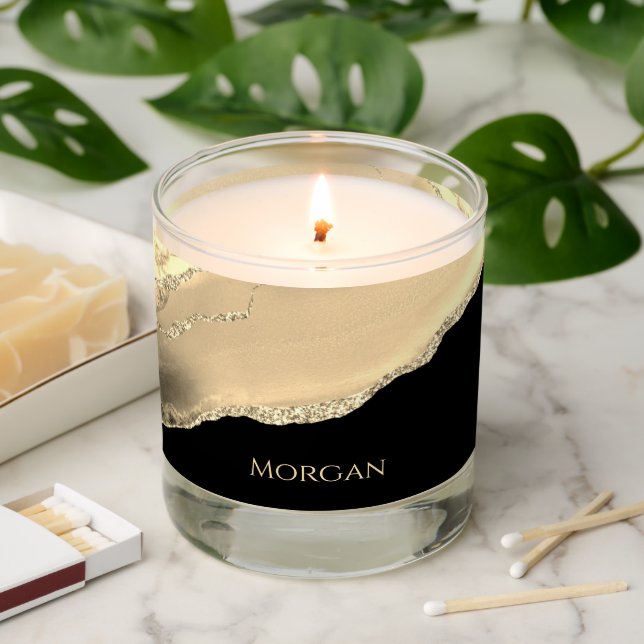 Gold Agate & Glitter, Gold Name on Black Scented Candle (Lit)