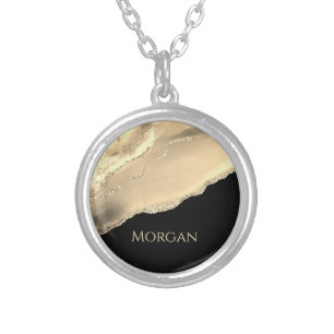 Gold Agate & Glitter, Gold Name on Black Silver Plated Necklace