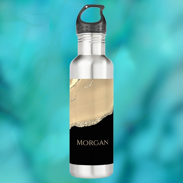 Gold Agate & Glitter, Gold Name on Black Stainless Steel Water Bottle (Creator Uploaded)
