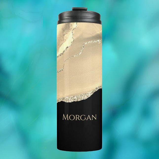 Gold Agate & Glitter, Gold Name on Black Thermal Tumbler (Creator Uploaded)