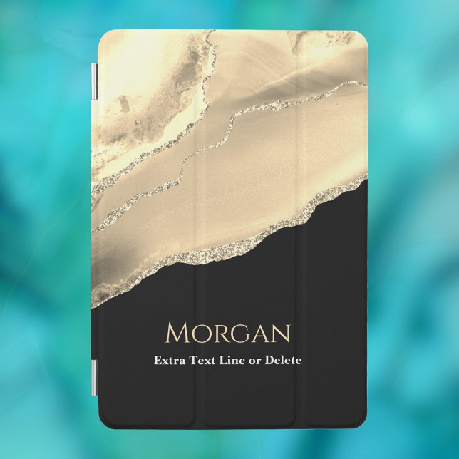 Gold Agate & Glitter, Name & Text Line, Black iPad Mini Cover (Creator Uploaded)