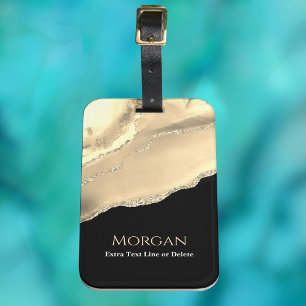 Gold Agate & Glitter, Name & Text Line, Black Luggage Tag