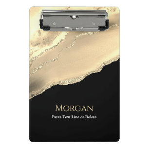 Gold Agate & Glitter, Name & Text Line, Black Mini Clipboard