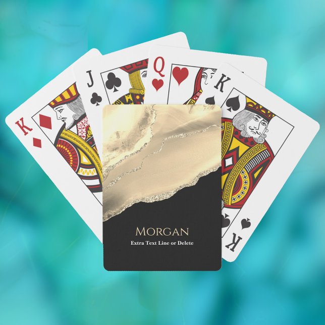 Gold Agate & Glitter, Name & Text Line, Black Poker Cards (Creator Uploaded)