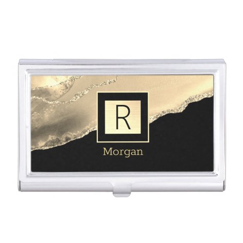 Gold Agate Name  Monogram Black  Gold Box Business Card Case