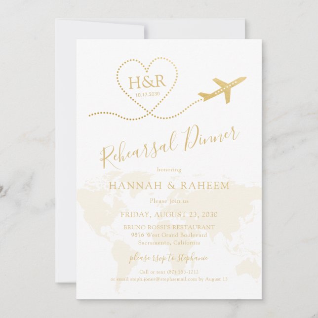 Gold Airplane Heart Map Rehearsal Dinner Invitation (Front)