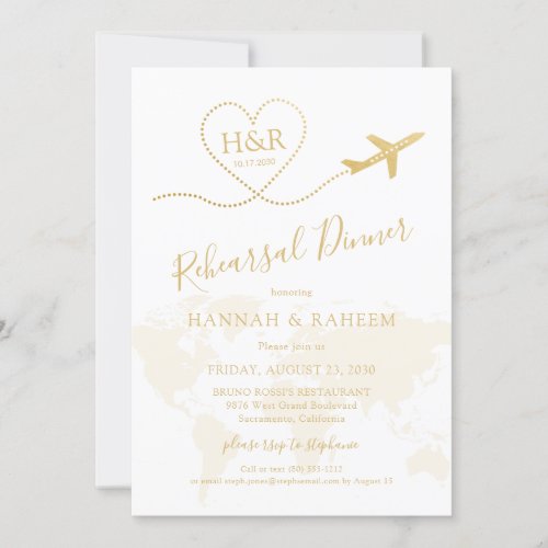 Gold Airplane Heart Map Rehearsal Dinner Invitation