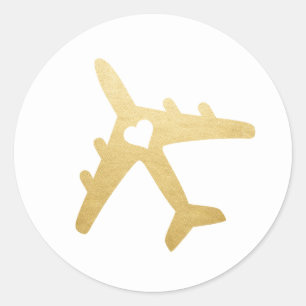 Gold Airplane Heart Travel Destination Wedding Classic Round Sticker