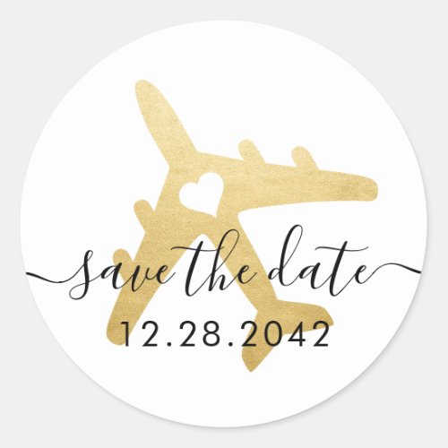 Gold Airplane Heart Travel Theme Save the Date Classic Round Sticker