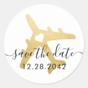 Gold Airplane Heart Travel Theme Save the Date Classic Round Sticker