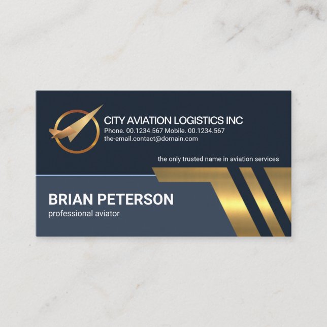 Gold Airplane Runway Lines Aviation Logistics Business Card (Front)