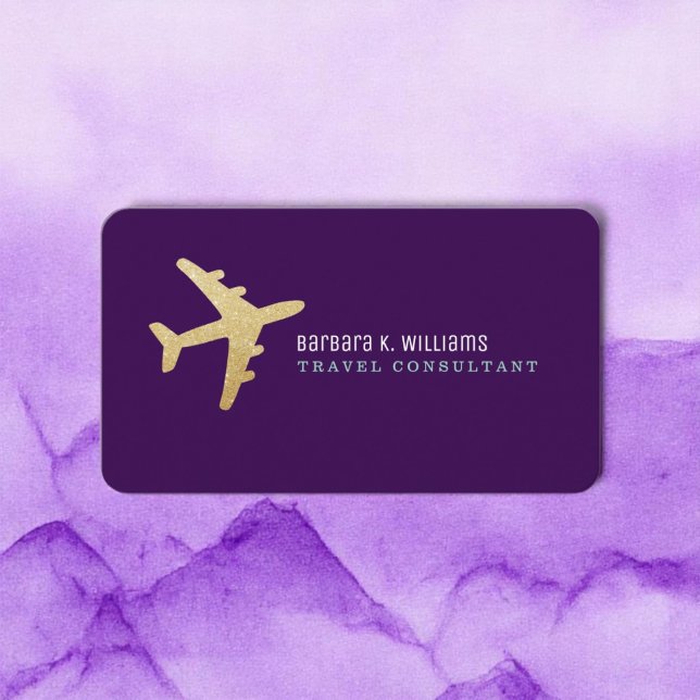 Gold Airplane Travel Consultant Purple Business Card (Creator Uploaded)