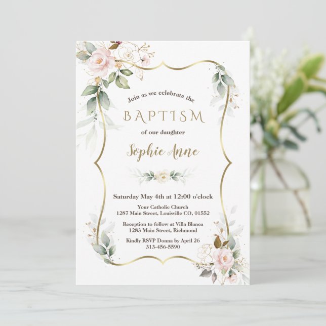 Gold Airy Greenery Blush Pink Gold Floral Baptism  Invitation (Standing Front)