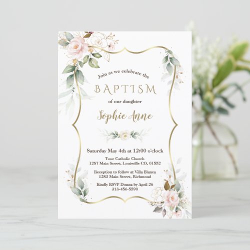 Gold Airy Greenery Blush Pink Gold Floral Baptism  Invitation