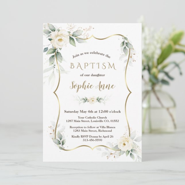 Gold Airy Greenery White Ivory Floral Baptism Invitation (Standing Front)