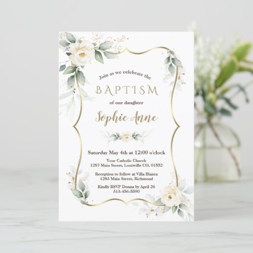 Gold Airy Greenery White Ivory Floral Baptism Invitation