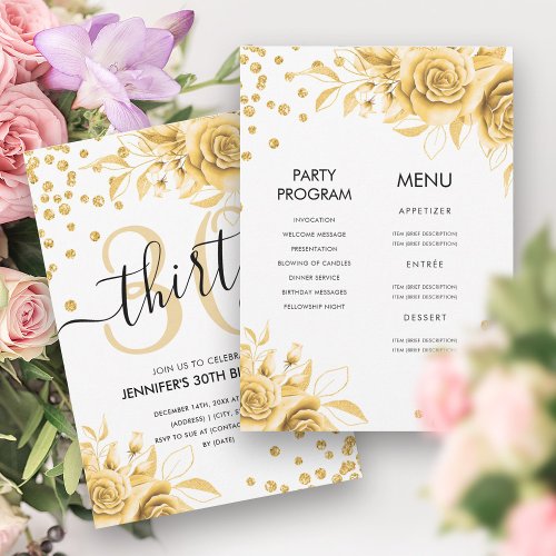 Gold All in One Floral Glitter 30th Birthday  Invitation