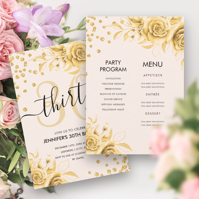 Gold All in One Floral Glitter 30th Birthday  Invitation (Gold All in One Floral Glitter 30th Birthday Invitation)