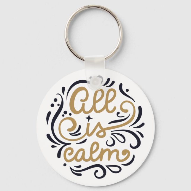 Gold All is Calm Typography Christmas Holiday Keychain (Front)
