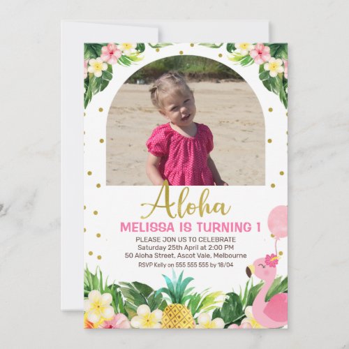 Gold Aloha Floral Flamingo Arch Photo 1st Birthday Invitation