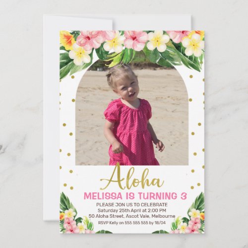 Gold Aloha Floral Foliage Arched Photo Birthday Invitation