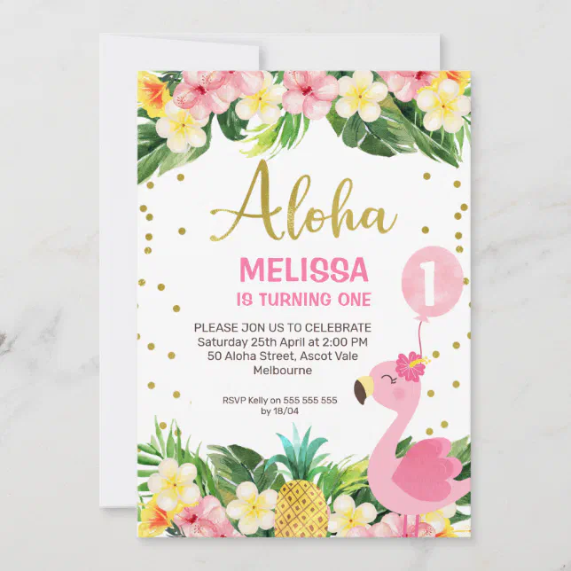 Gold Aloha Floral Foliage Flamingo 1st Birthday Invitation | Zazzle