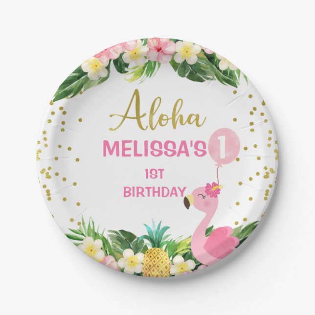 Gold Aloha Floral Foliage Flamingo 1st Birthday  Paper Plates (Front)