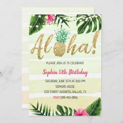 Gold Aloha Pineapple Birthday Invitation
