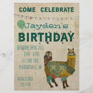 Gold Alpaca Teal Owl Birthday Invitation