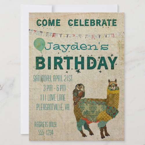 Gold Alpaca Teal Owl Birthday Invitation