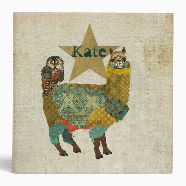 Gold Alpaca & Teal Owl Personalized Notebook 3 Ring Binder (Front)
