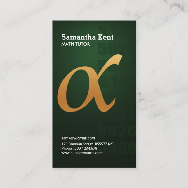 Gold Alpha-Symbol Green Emerald Tutoring Business Card (Front)