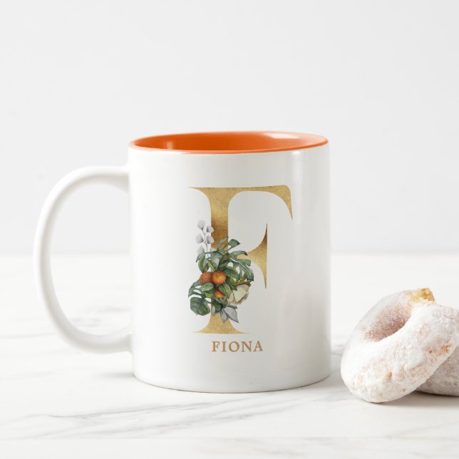 Gold Alphabet F Monogram | Leaf Foliage Two-Tone Coffee Mug (With Donut)