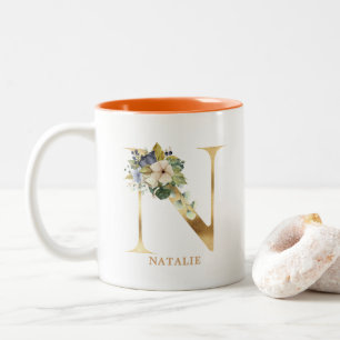 Gold Alphabet N Monogram Leaf Foliage Two-Tone Coffee Mug
