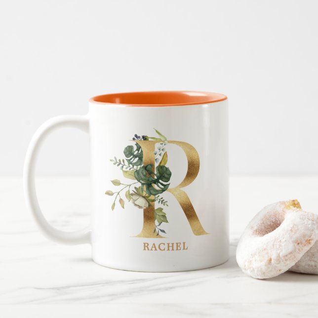 Gold Alphabet R Monogram | Leaf Foliage Two-Tone Coffee Mug (With Donut)