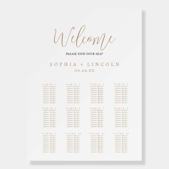 Gold Alphabetical Wedding Seating Chart on Delicat Foam Board (Front)