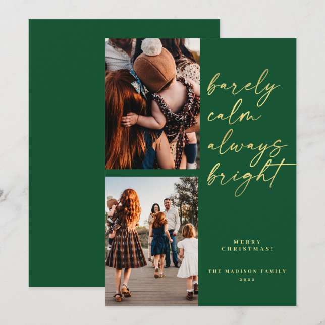 Gold Always Bright Photo Christmas Green Holiday Card (Front/Back)