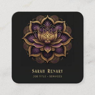 Gold & Amethyst Lotus Flower Black Square Business Card