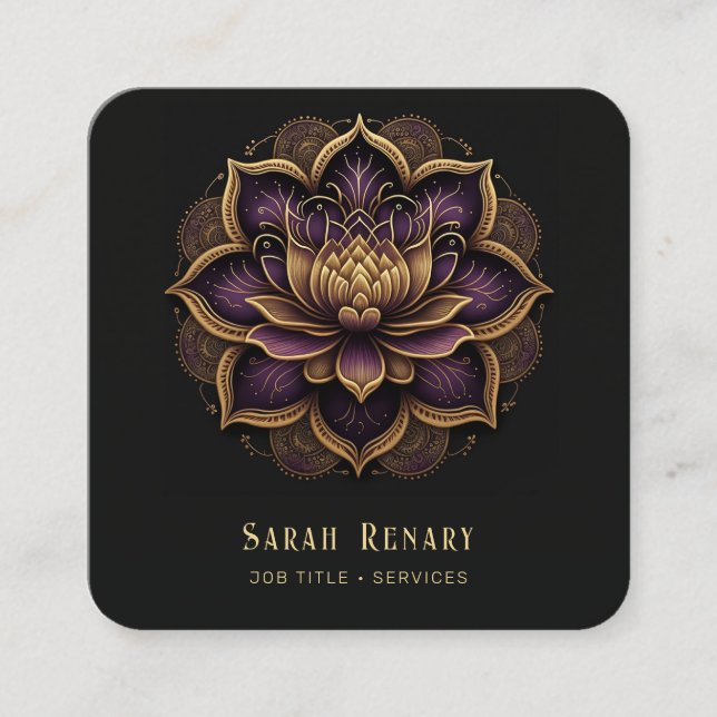 Gold & Amethyst Lotus Flower Black Square Business Card (Front)